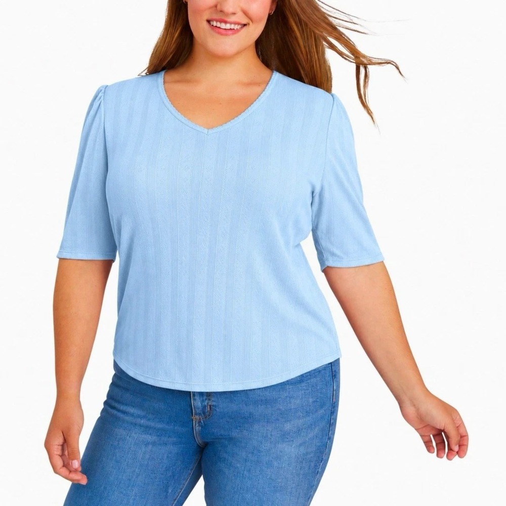 Lands' End Women's Pointelle Elbow Sleeve Top, Blue, Size Large, New